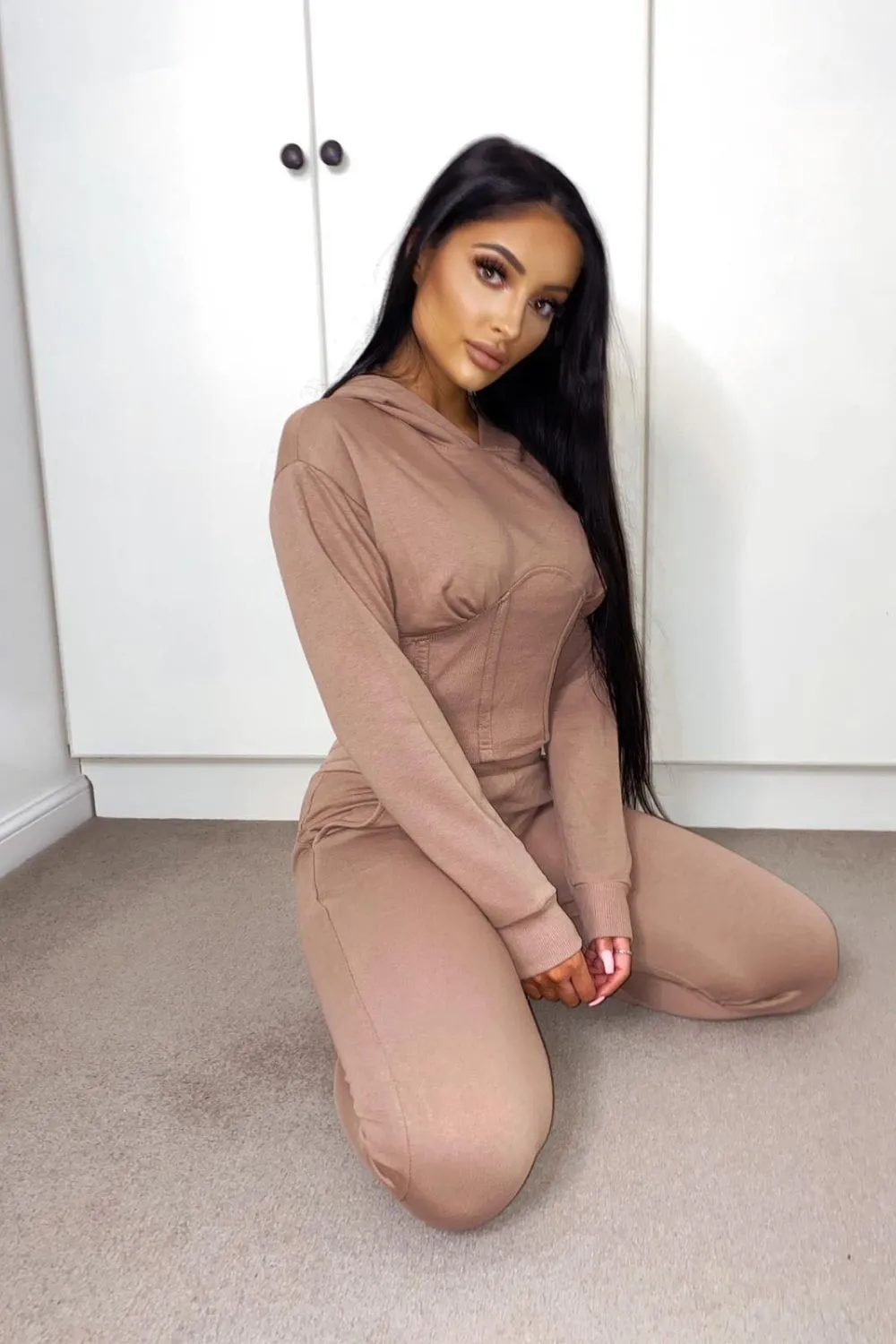 Aliza Taupe Corset Waisted Hoodie Tracksuit Set