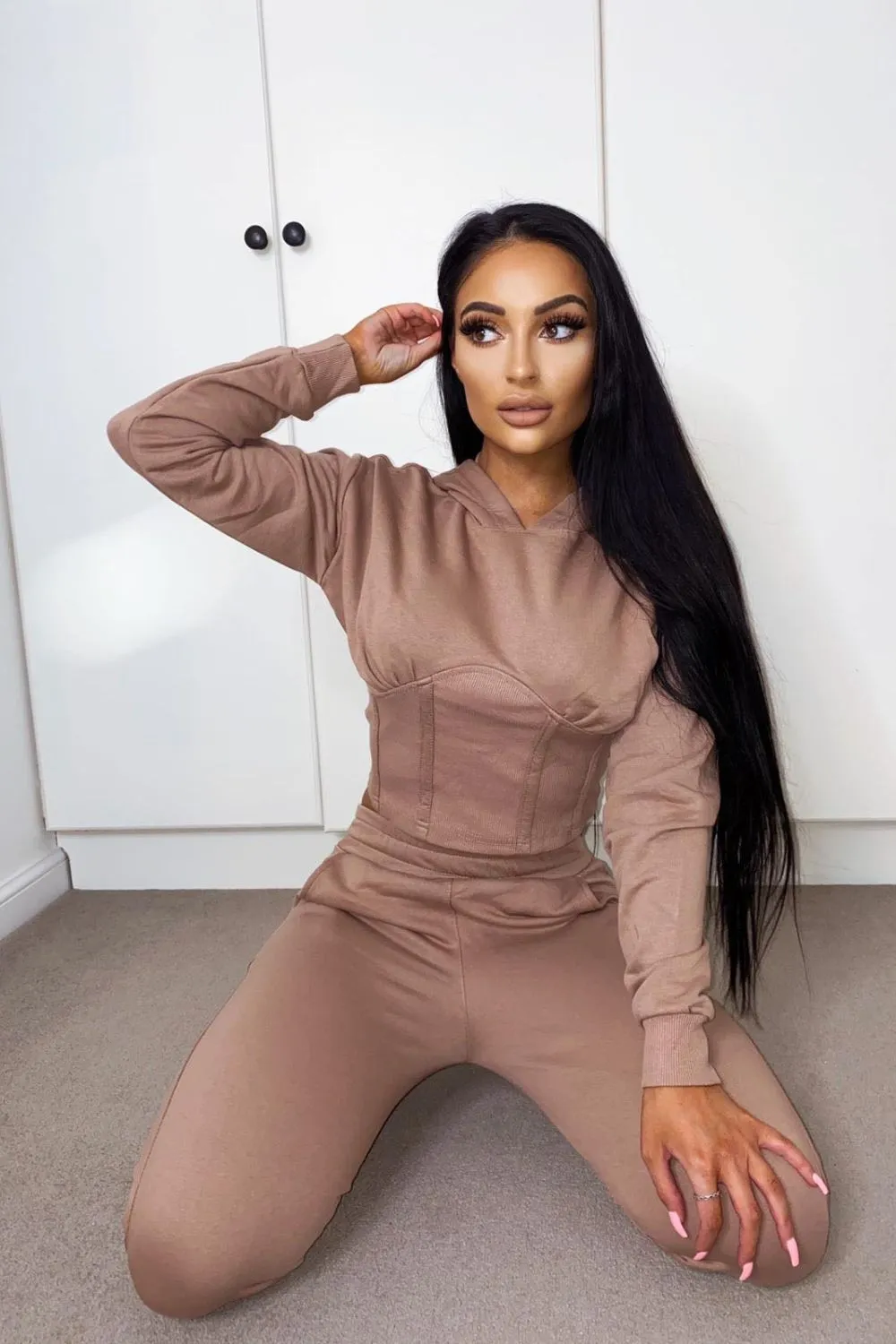 Aliza Taupe Corset Waisted Hoodie Tracksuit Set