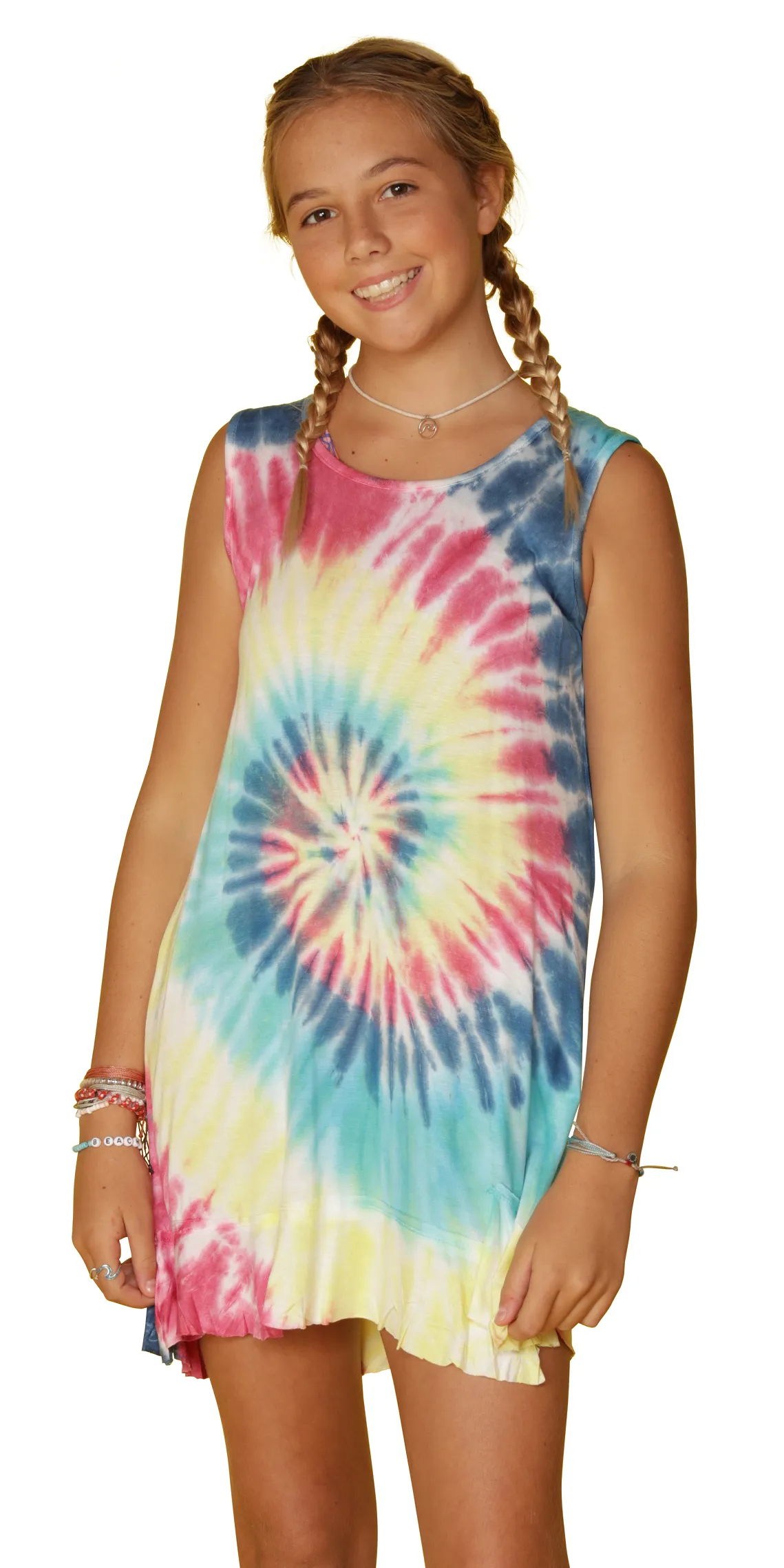 Asymmetrical dress with ruffle bottom for girls in tie dye.