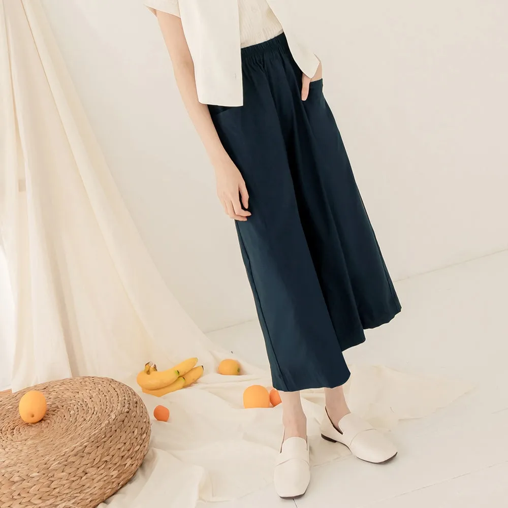 Basic Cotton Elastic Waist Wide Leg Culottes Pants