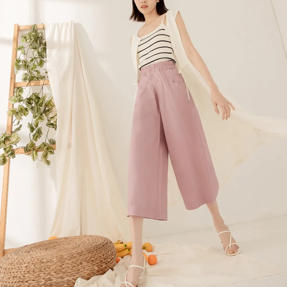 Basic Cotton Elastic Waist Wide Leg Culottes Pants