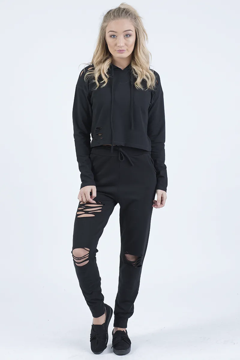 Black Distressed Hoodie Tracksuit - Mollie