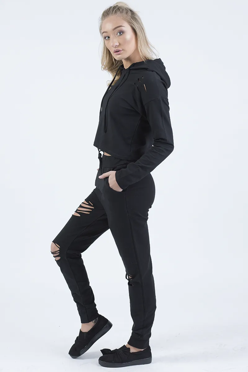 Black Distressed Hoodie Tracksuit - Mollie