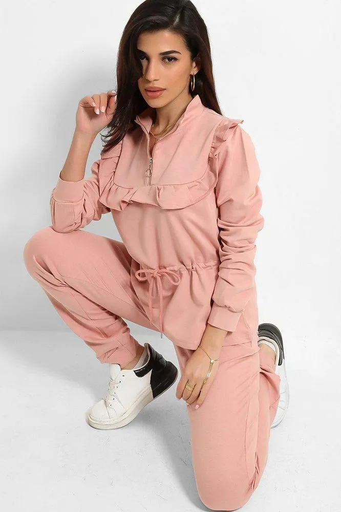 Black Frilled Drawstring Waist Tracksuit