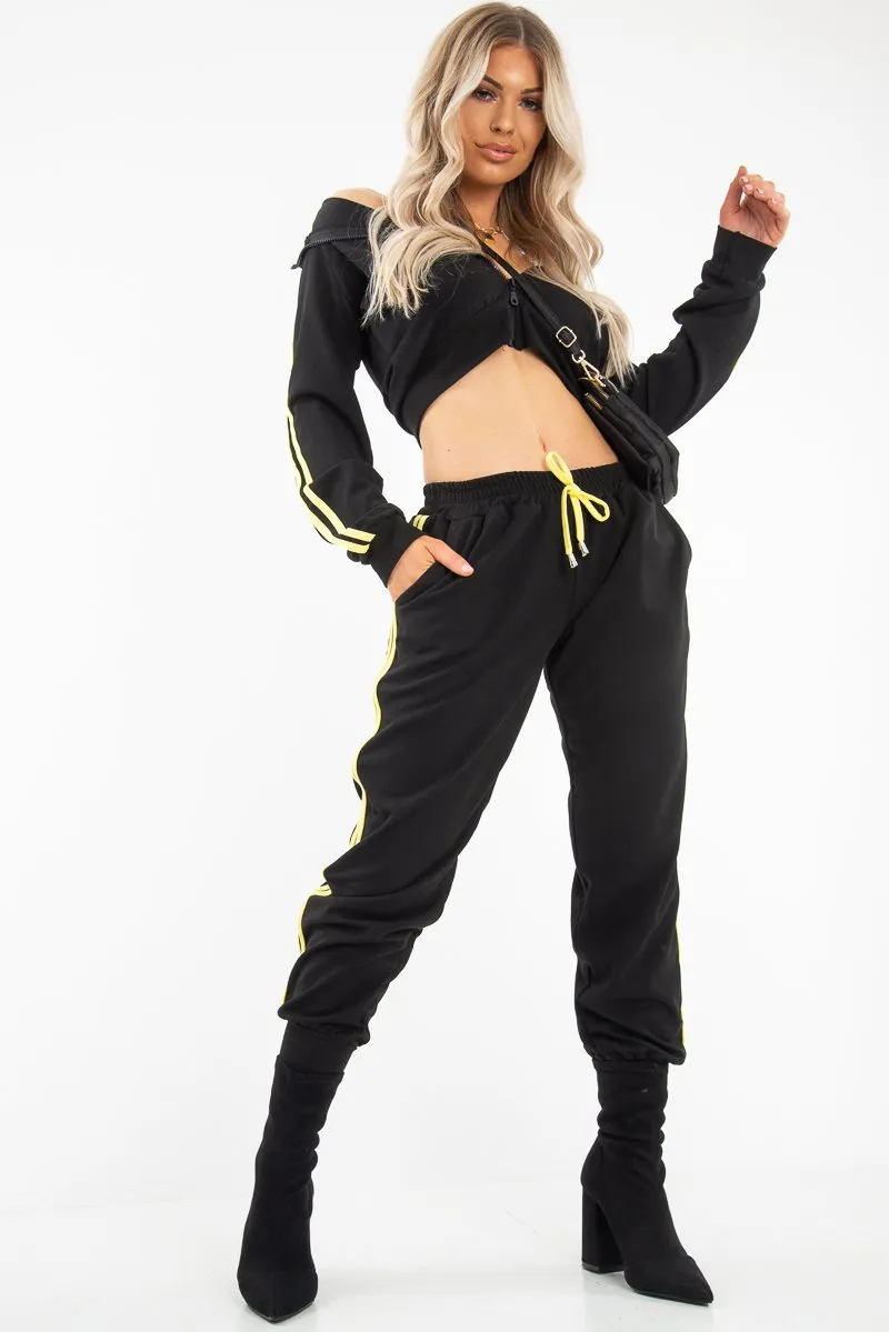 Black Neon Yellow Double Stripe Tracksuit - Laurena