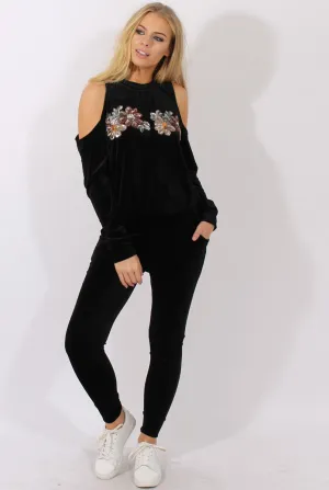 Black Velvet Cold Shoulder Sequined Tracksuit - Kiki