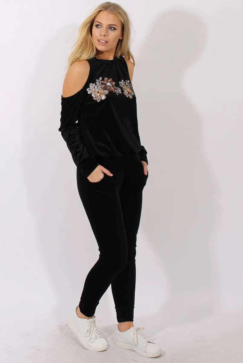 Black Velvet Cold Shoulder Sequined Tracksuit - Kiki