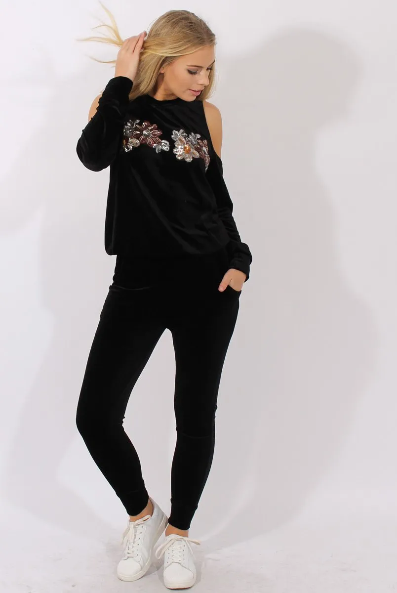 Black Velvet Cold Shoulder Sequined Tracksuit - Kiki