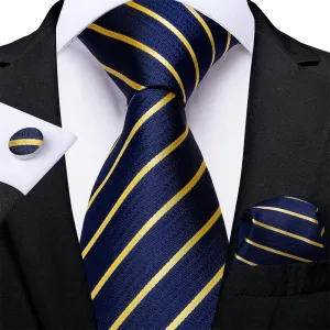 Blue Golden Striped Tie Handkerchief Cufflinks Set