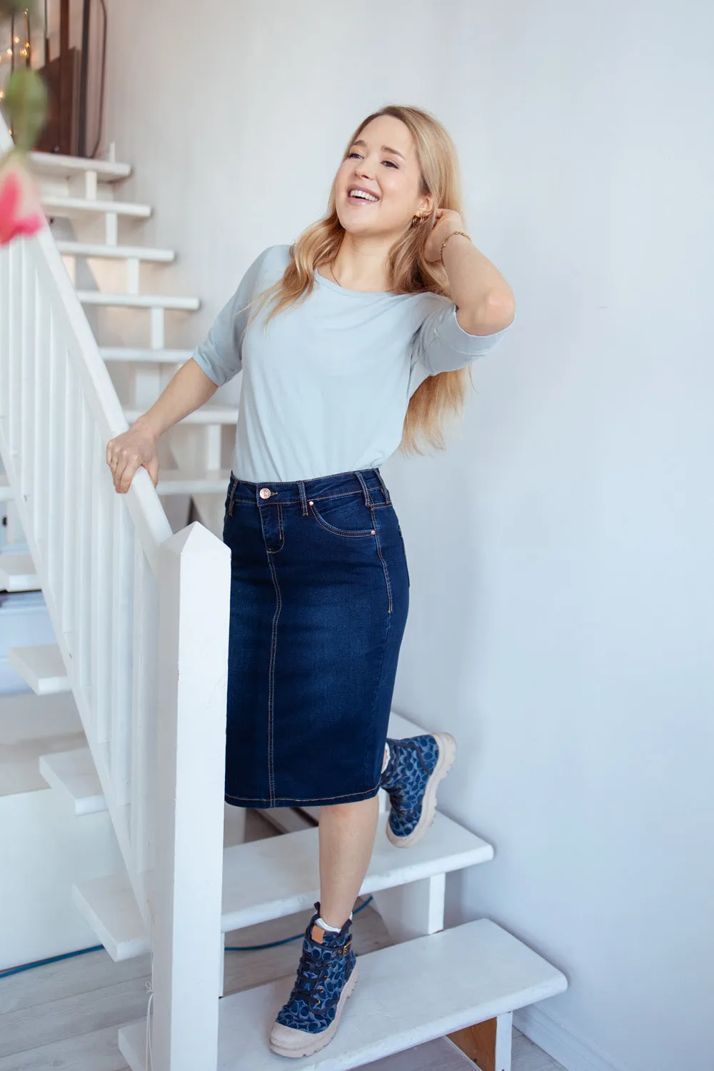 Blue Modest Knee Length Stretch Denim Pencil Skirt 'Miami'