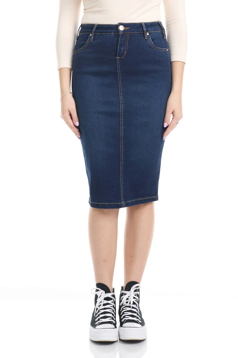 Blue Modest Knee Length Stretch Denim Pencil Skirt 'Miami'