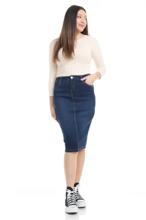 Blue Modest Knee Length Stretch Denim Pencil Skirt 'Miami'