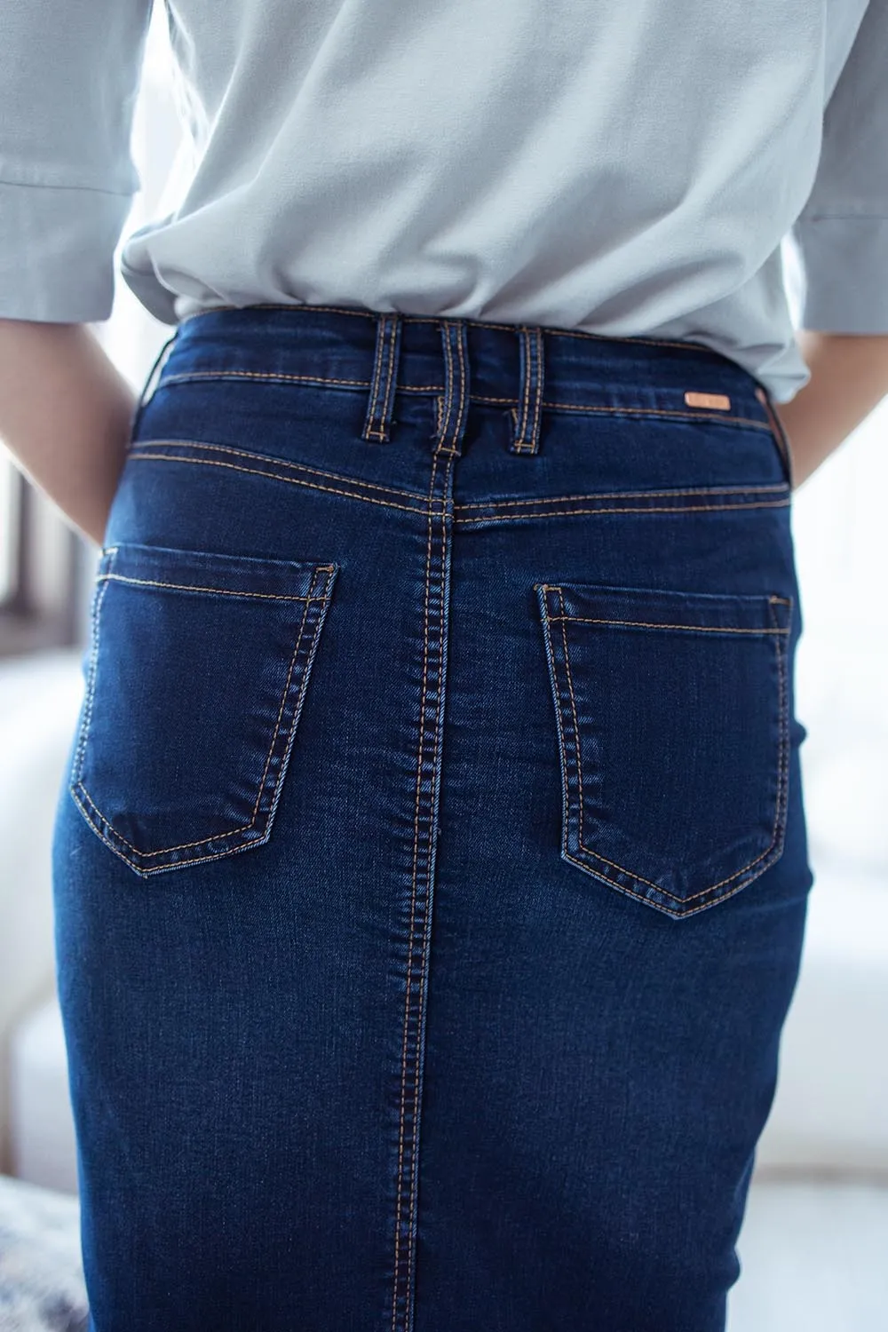 Blue Modest Knee Length Stretch Denim Pencil Skirt 'Miami'