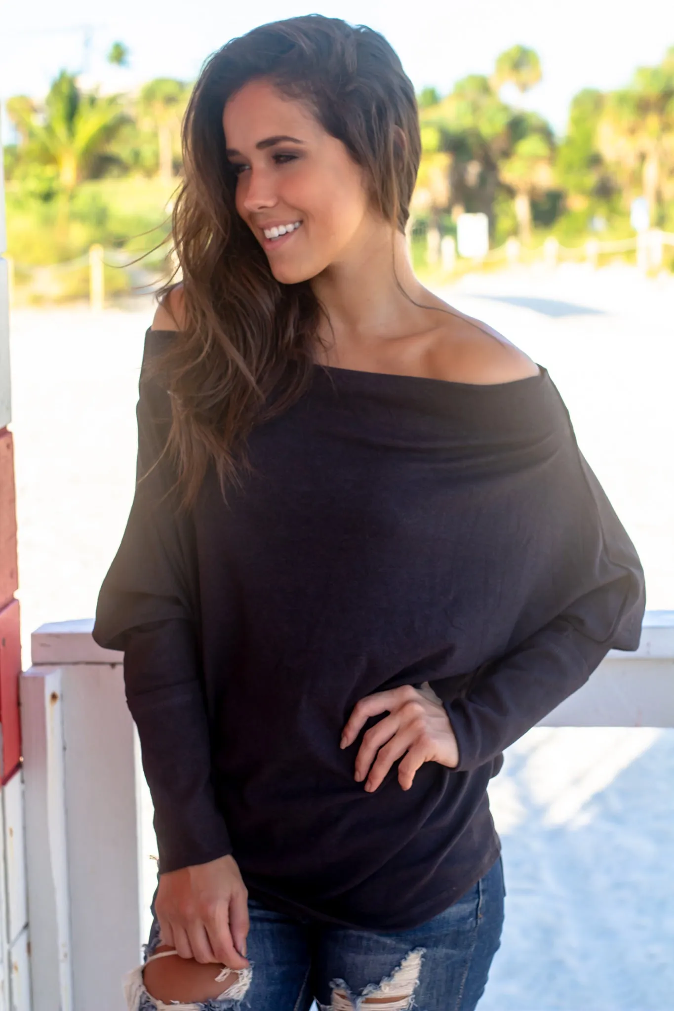 Charcoal Long Sleeve Off Shoulder Top