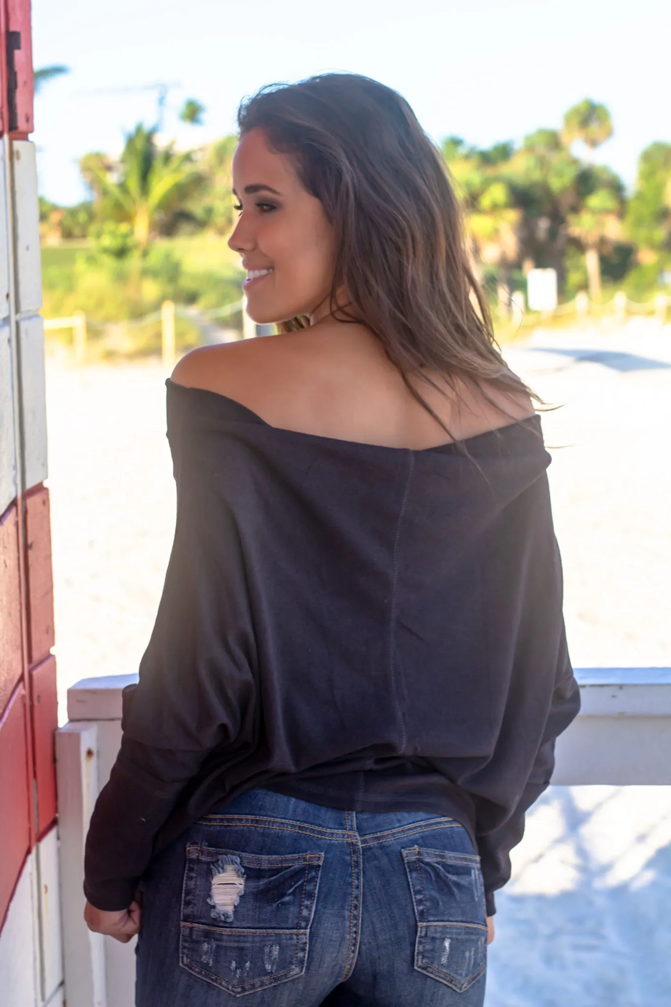 Charcoal Long Sleeve Off Shoulder Top