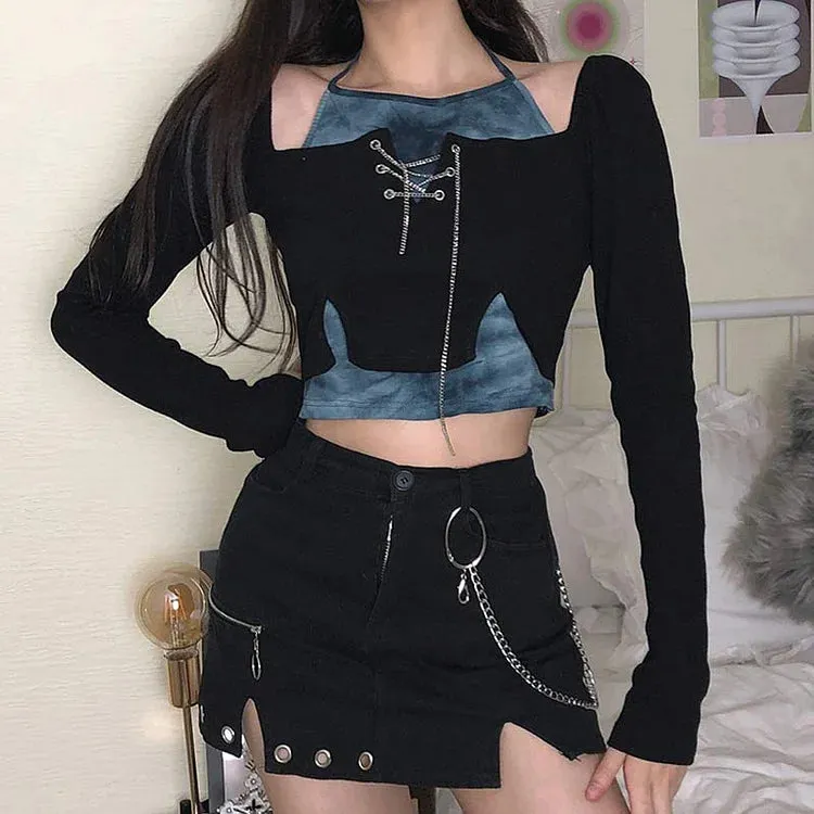 Chic Lace Up Chain Fake Two Piece T-Shirt Denim Skirt