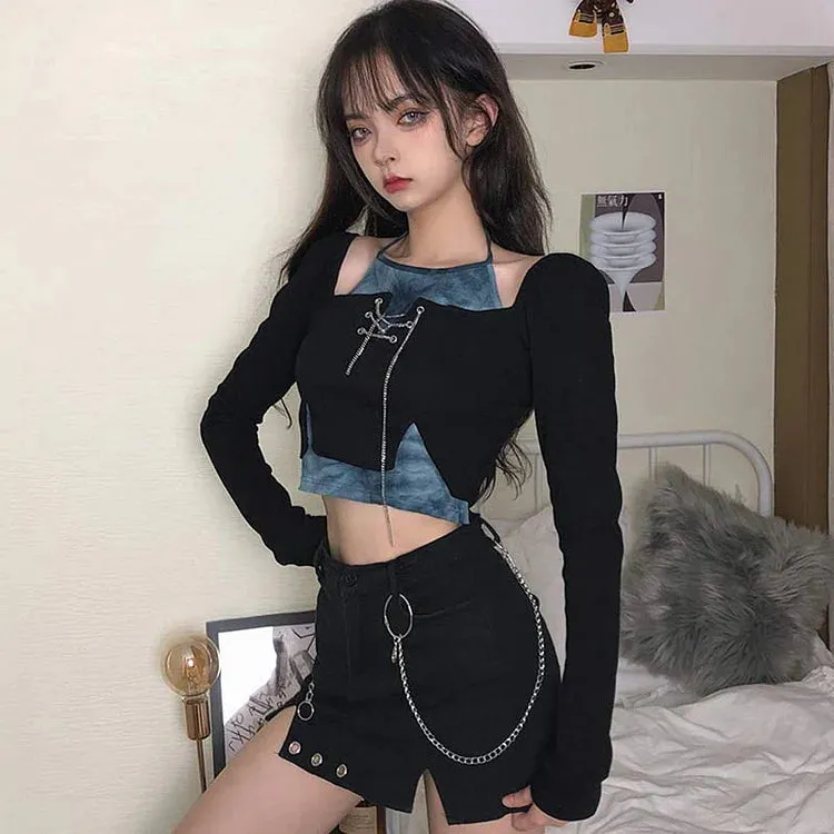 Chic Lace Up Chain Fake Two Piece T-Shirt Denim Skirt