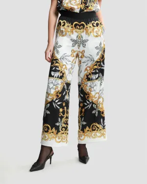 Contrasted Ornamental Wide-Leg Pants