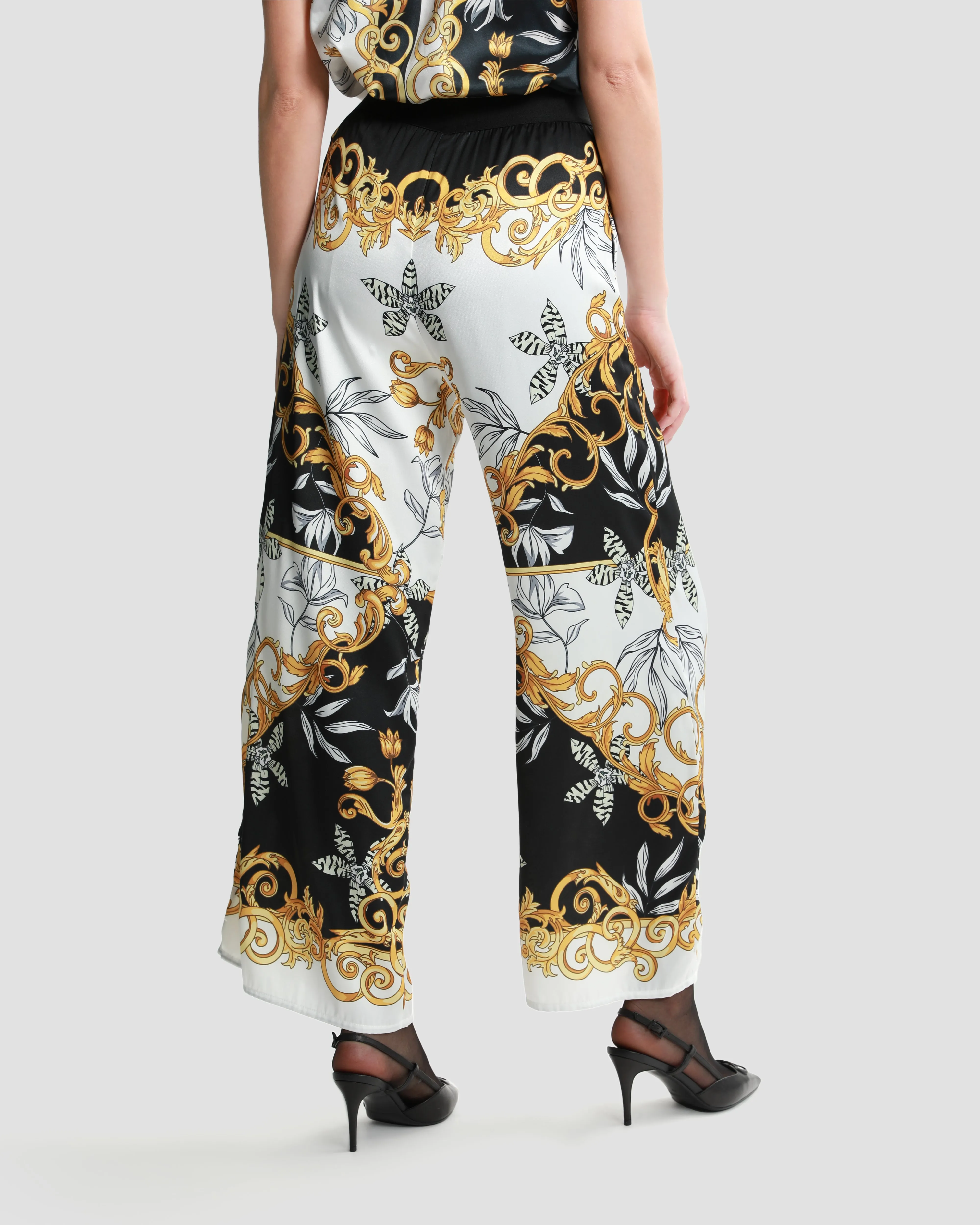 Contrasted Ornamental Wide-Leg Pants