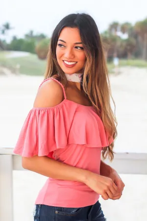 Coral Ribbed Off Shoulder Top