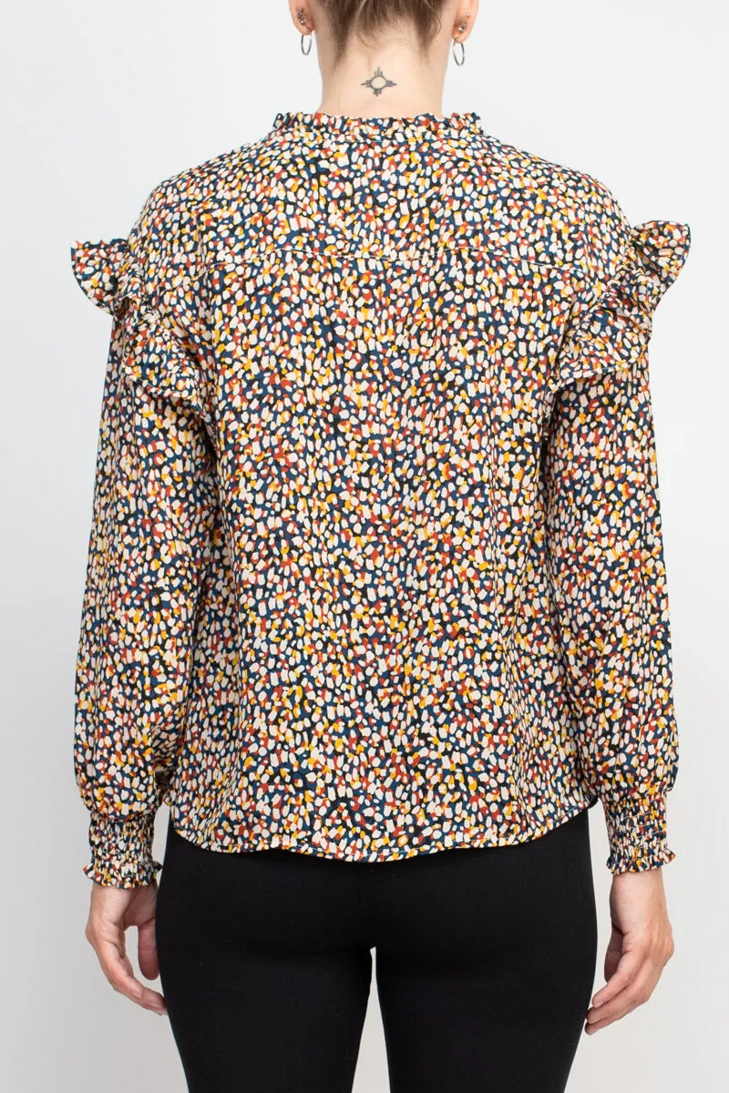 Counterparts crew tie neck elastic cuff long sleeve ruffle multi print chiffon top