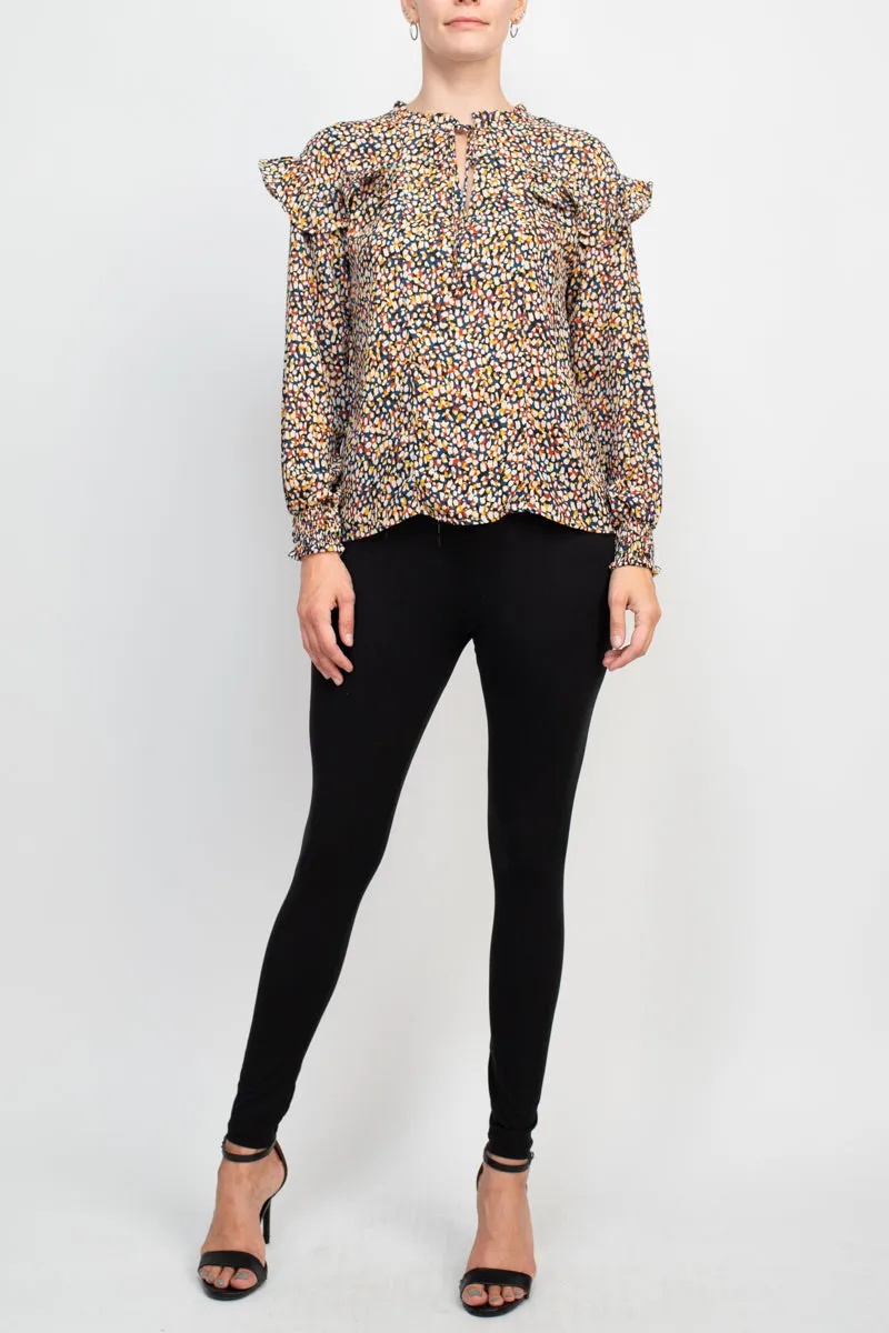 Counterparts crew tie neck elastic cuff long sleeve ruffle multi print chiffon top