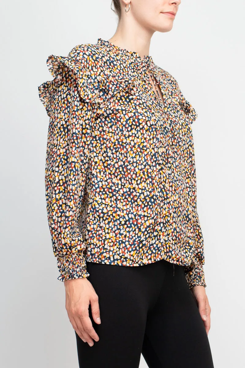 Counterparts crew tie neck elastic cuff long sleeve ruffle multi print chiffon top