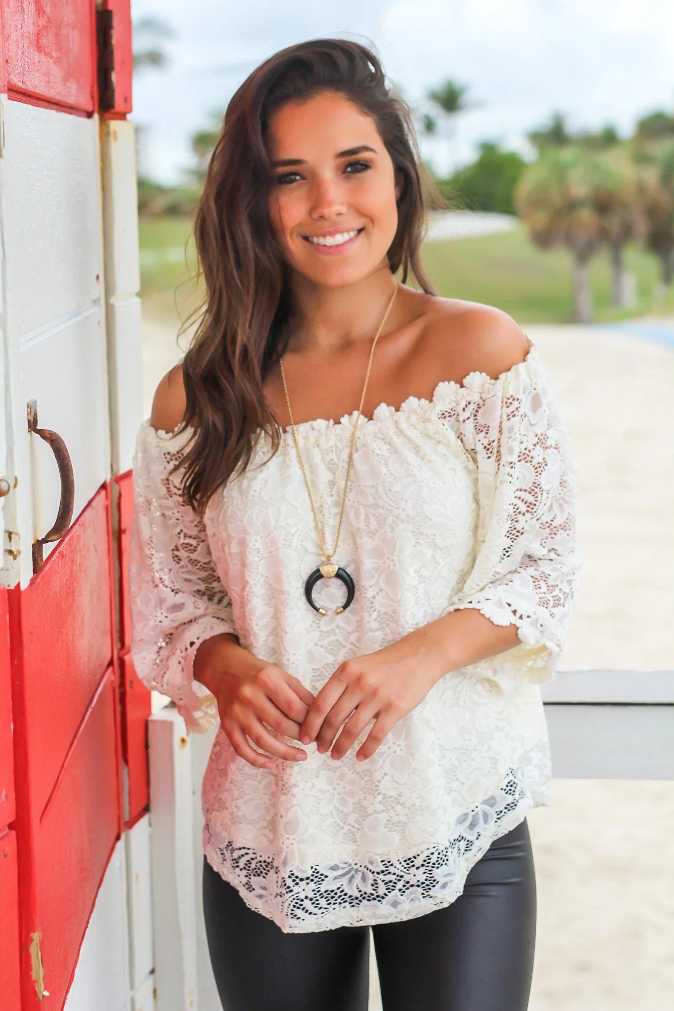 Cream Lace Off Shoulder Top