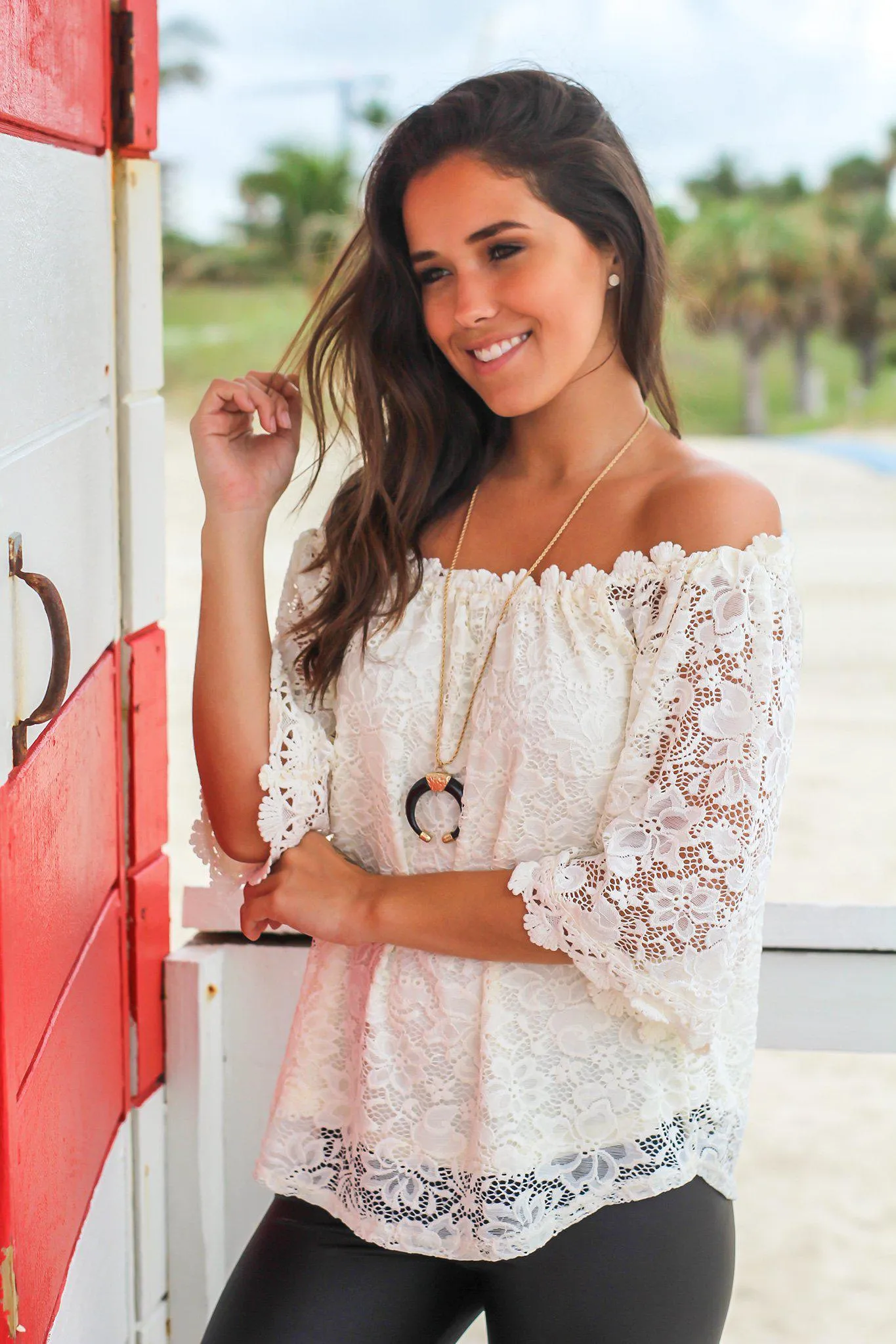 Cream Lace Off Shoulder Top