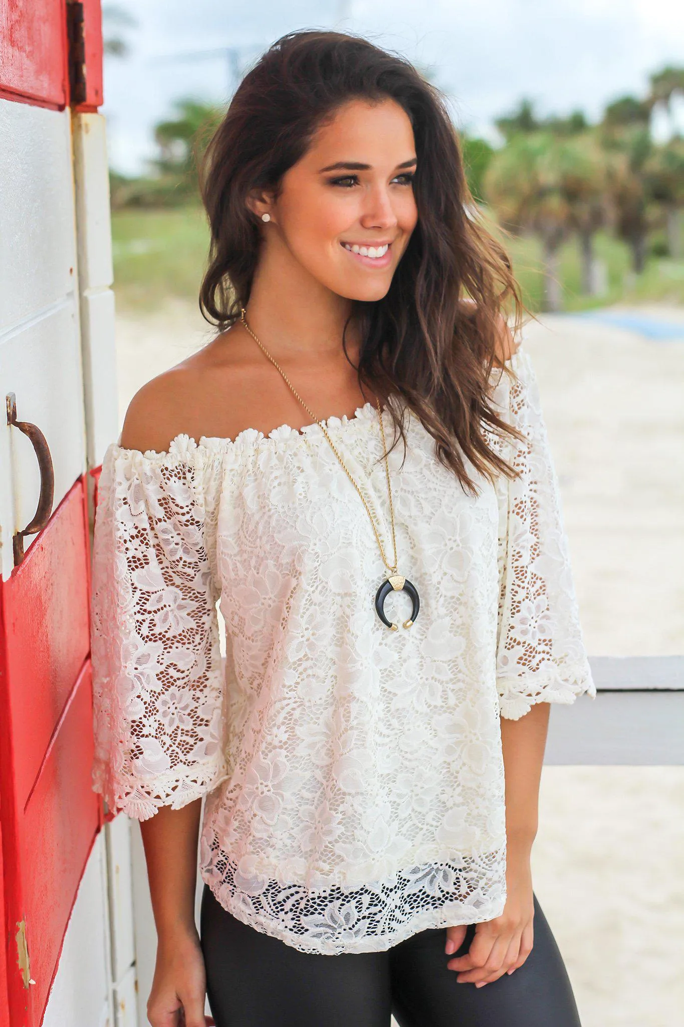 Cream Lace Off Shoulder Top