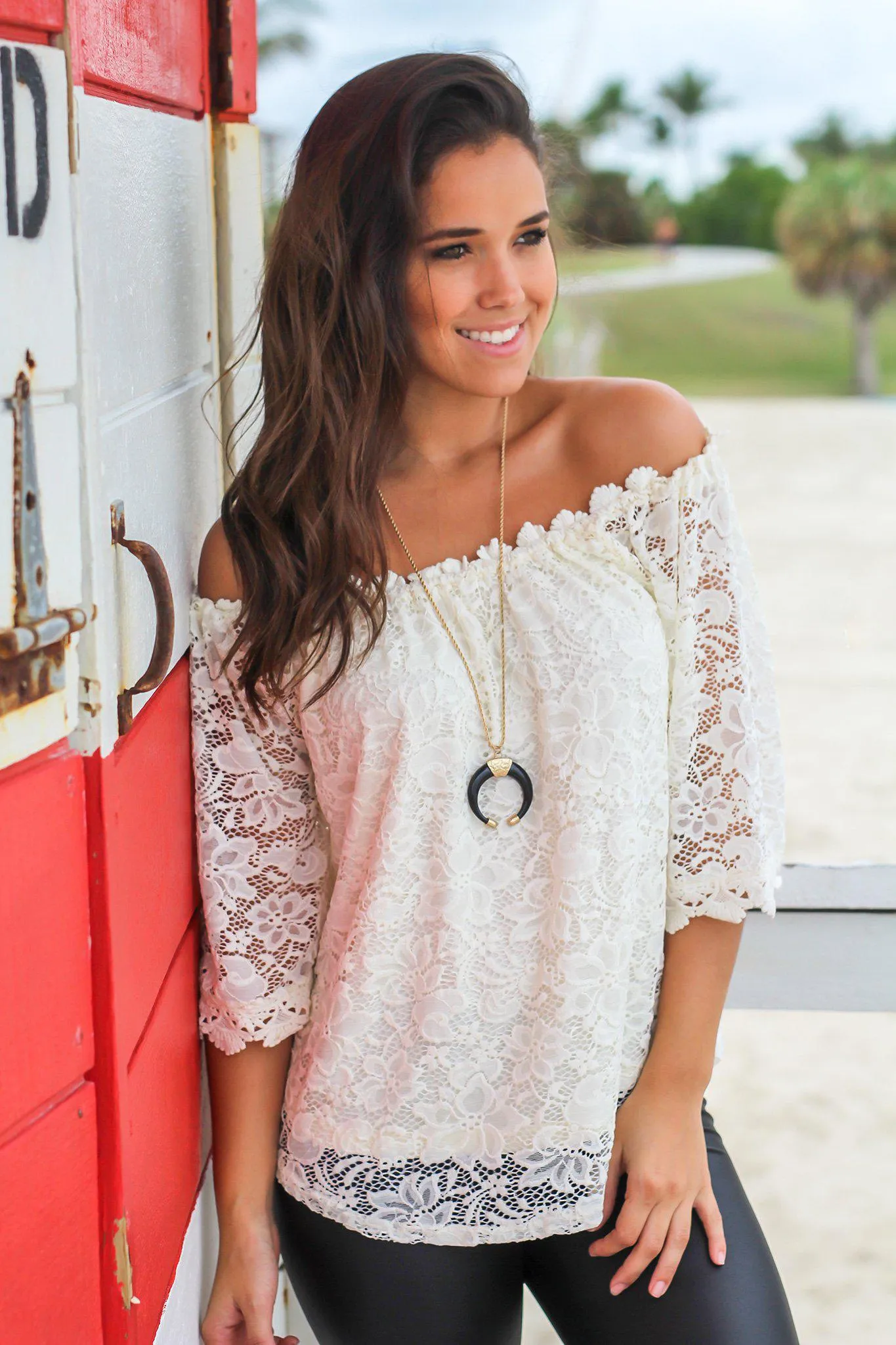 Cream Lace Off Shoulder Top