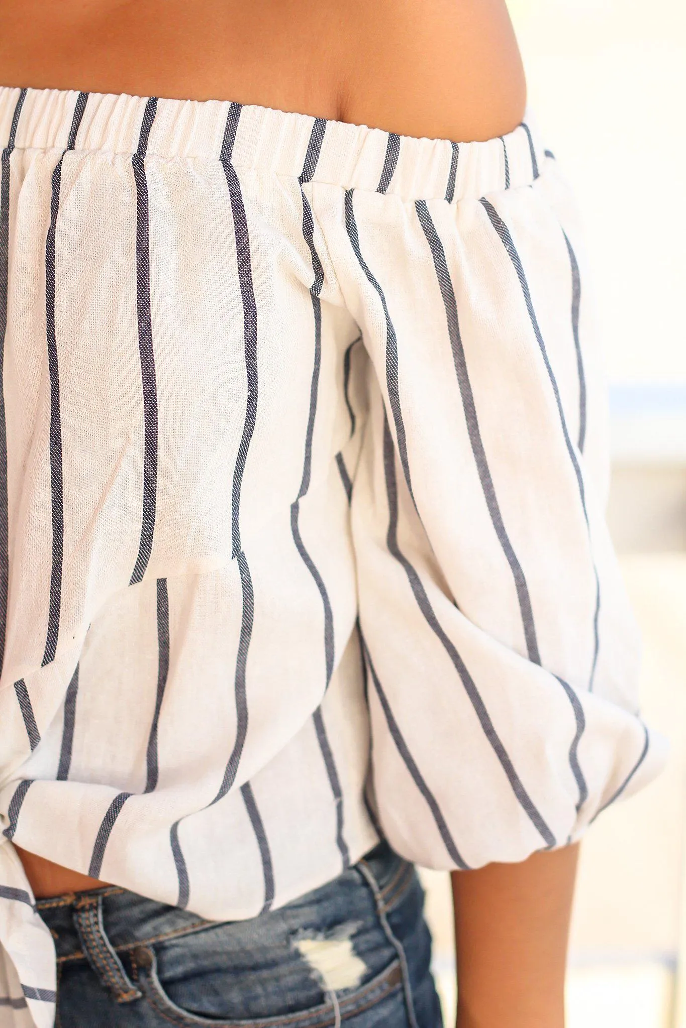 Cream Striped Off Shoulder Top