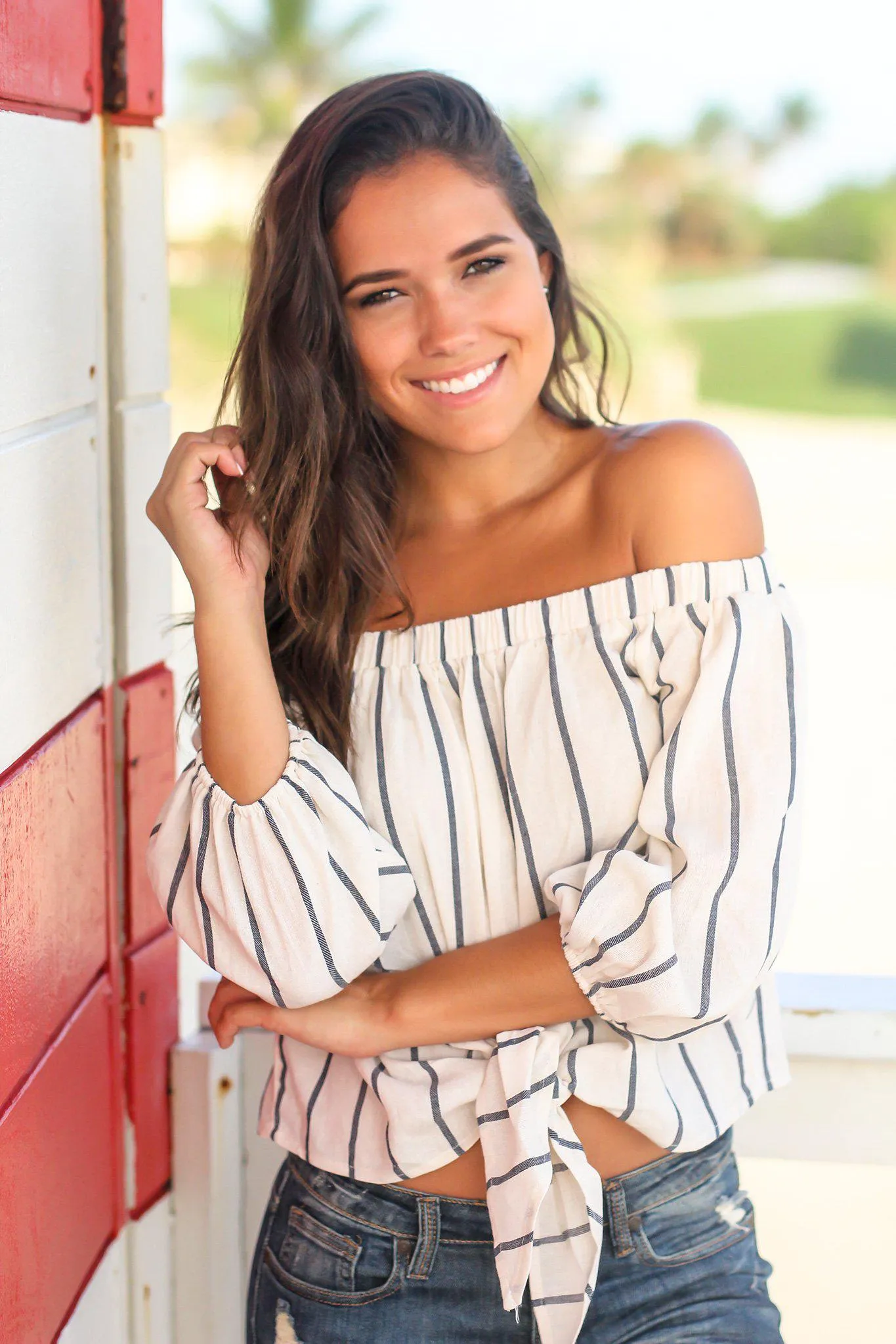 Cream Striped Off Shoulder Top