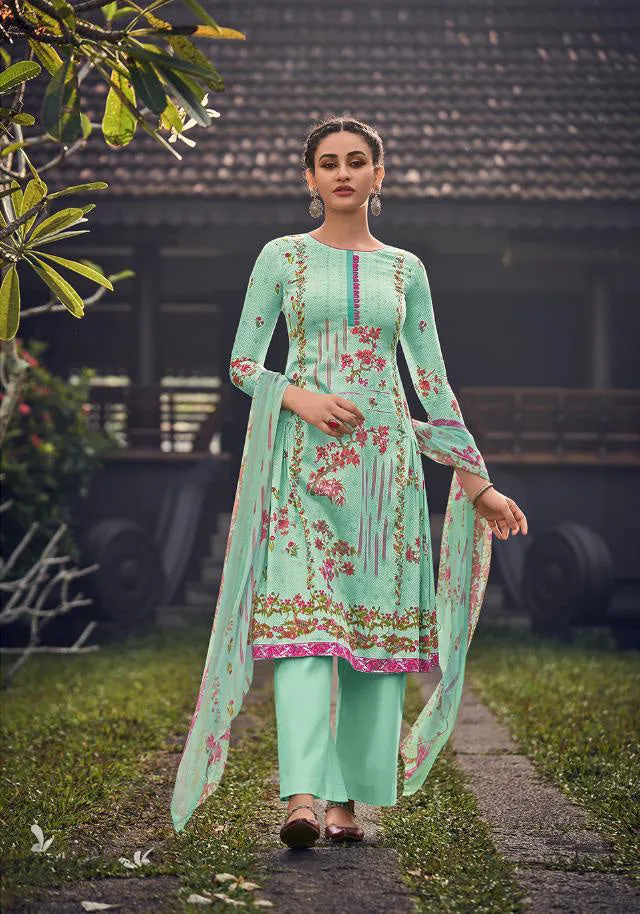 Deepsy Unstitched Printed Teal Blue Jam Cotton Printed Suits Material