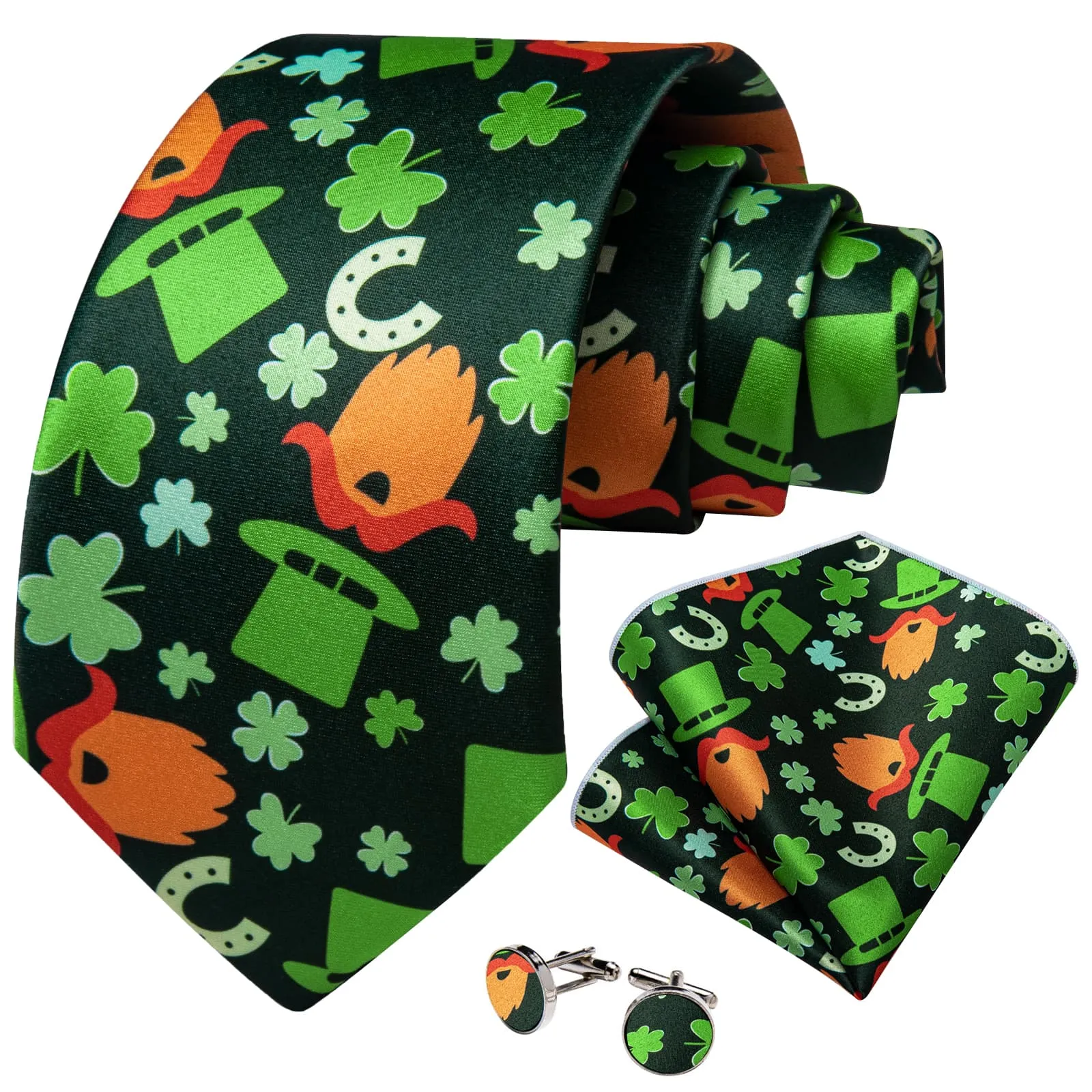 DiBanGu Black Green Clover Halloween Necktie Pocket Square Cufflinks Set