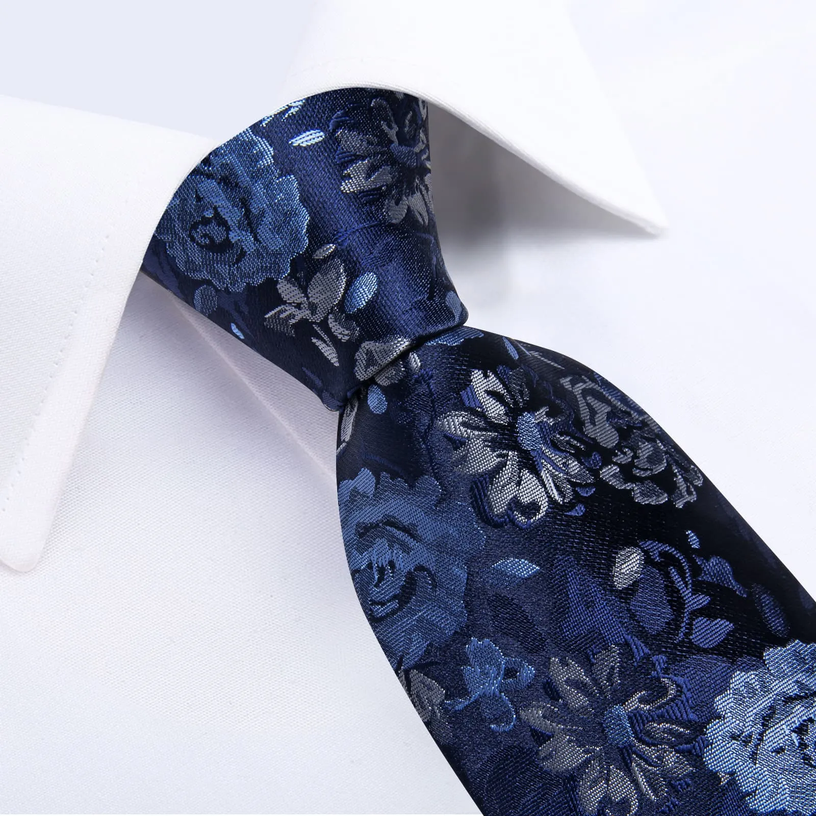 DiBanGu Dark Midnight Blue Floral Silk Mens Tie Hanky Cufflinks Set