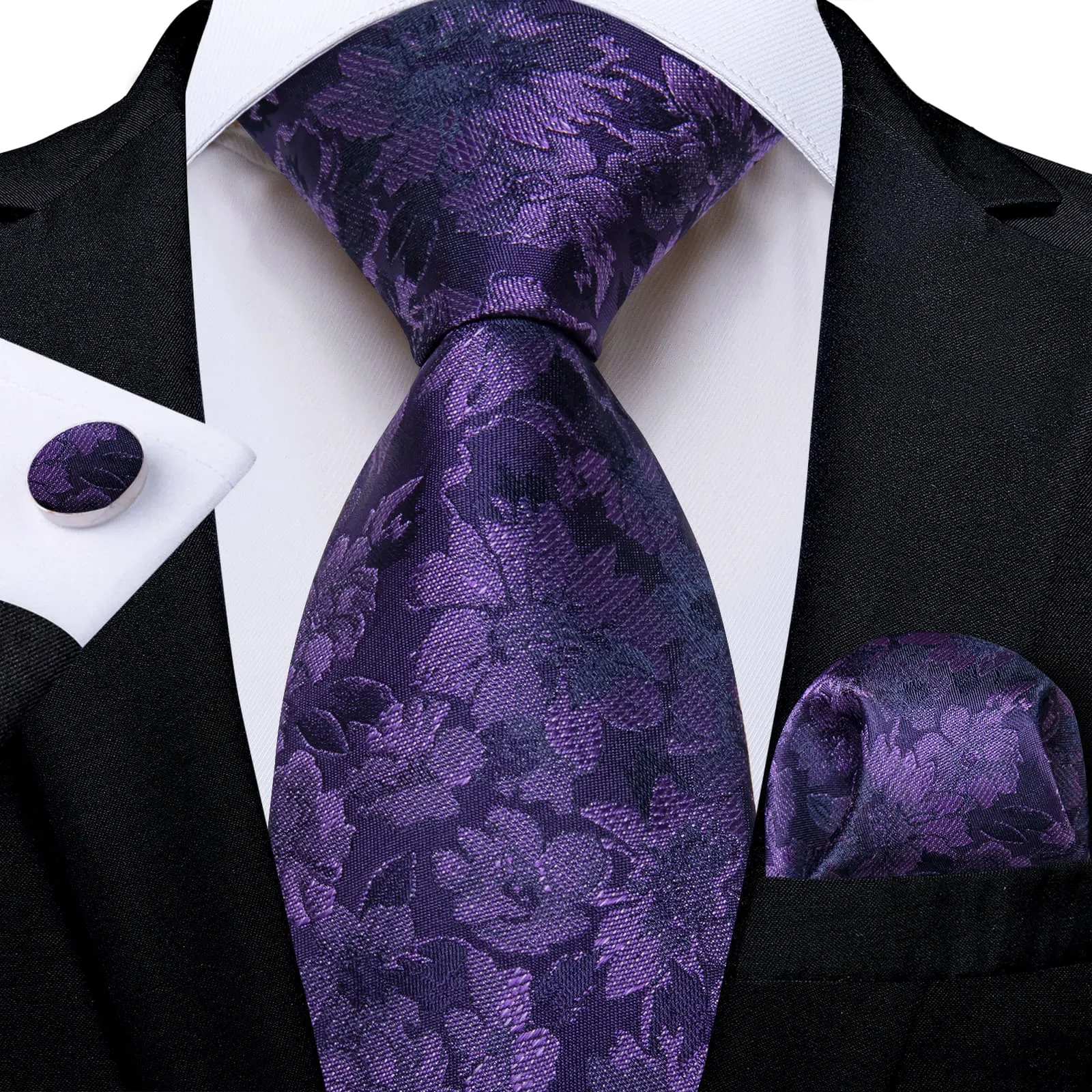 DiBanGu Deep Purple Floral Silk Mens Tie Hanky Cufflinks Set