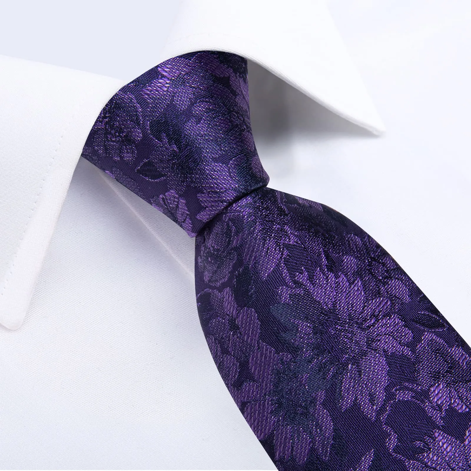 DiBanGu Deep Purple Floral Silk Mens Tie Hanky Cufflinks Set