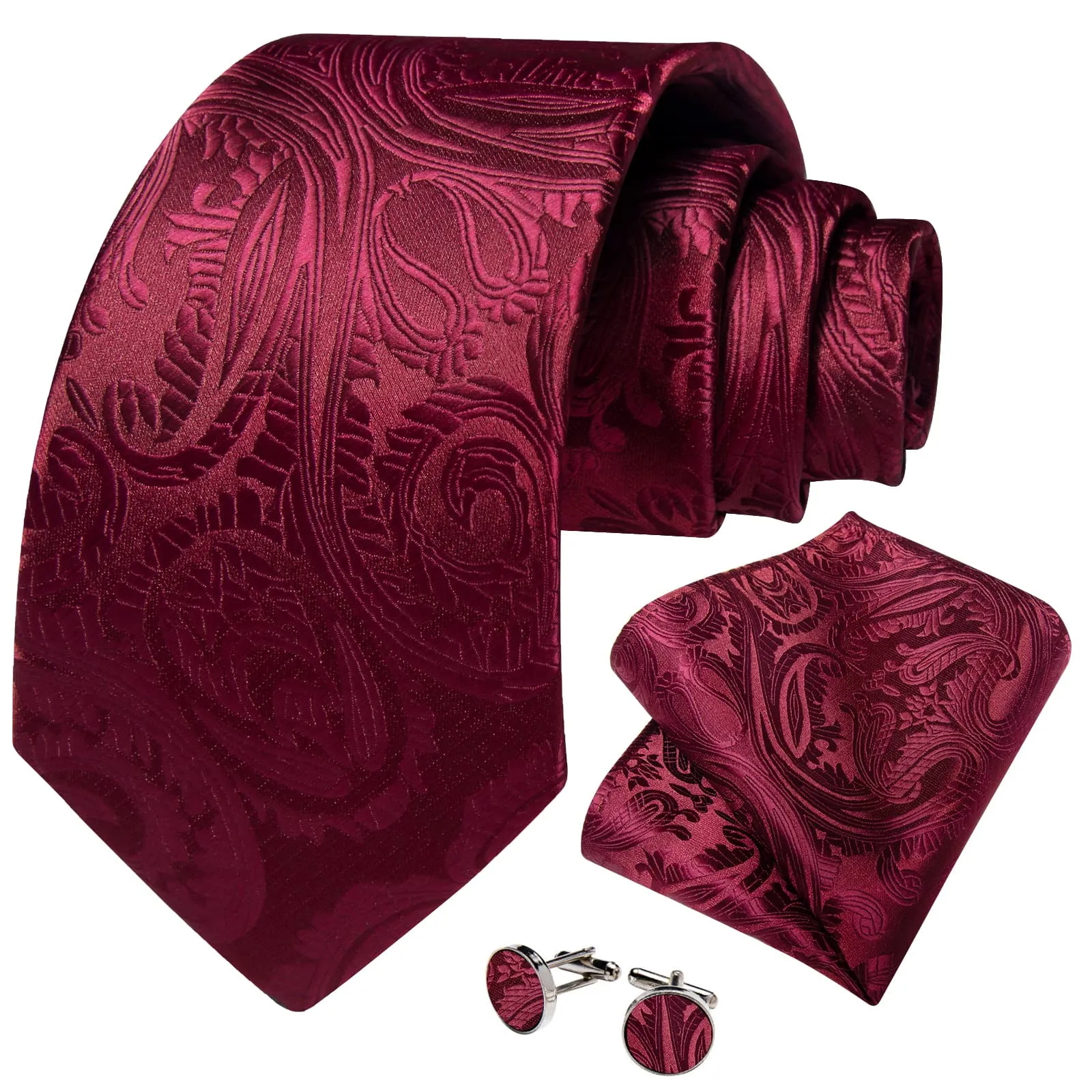 DiBanGu Dress Tie Burgundy Paisley Silk Men's Tie Pocket Square Cufflinks Set