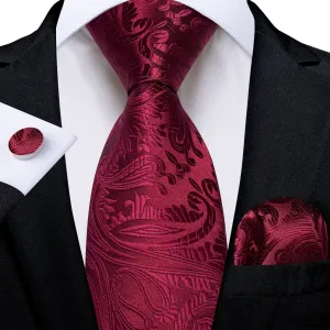 DiBanGu Dress Tie Burgundy Paisley Silk Men's Tie Pocket Square Cufflinks Set