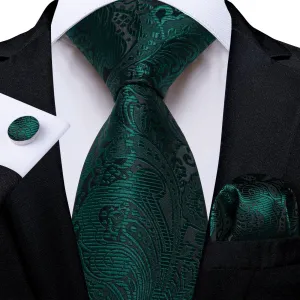 DiBanGu Dress Tie Medium Jungle Green Floral Mens Silk Business Work Tie Handkerchief Cufflinks Set