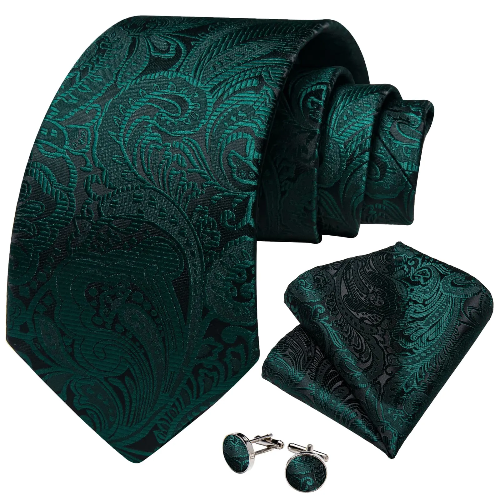 DiBanGu Dress Tie Medium Jungle Green Floral Mens Silk Business Work Tie Handkerchief Cufflinks Set