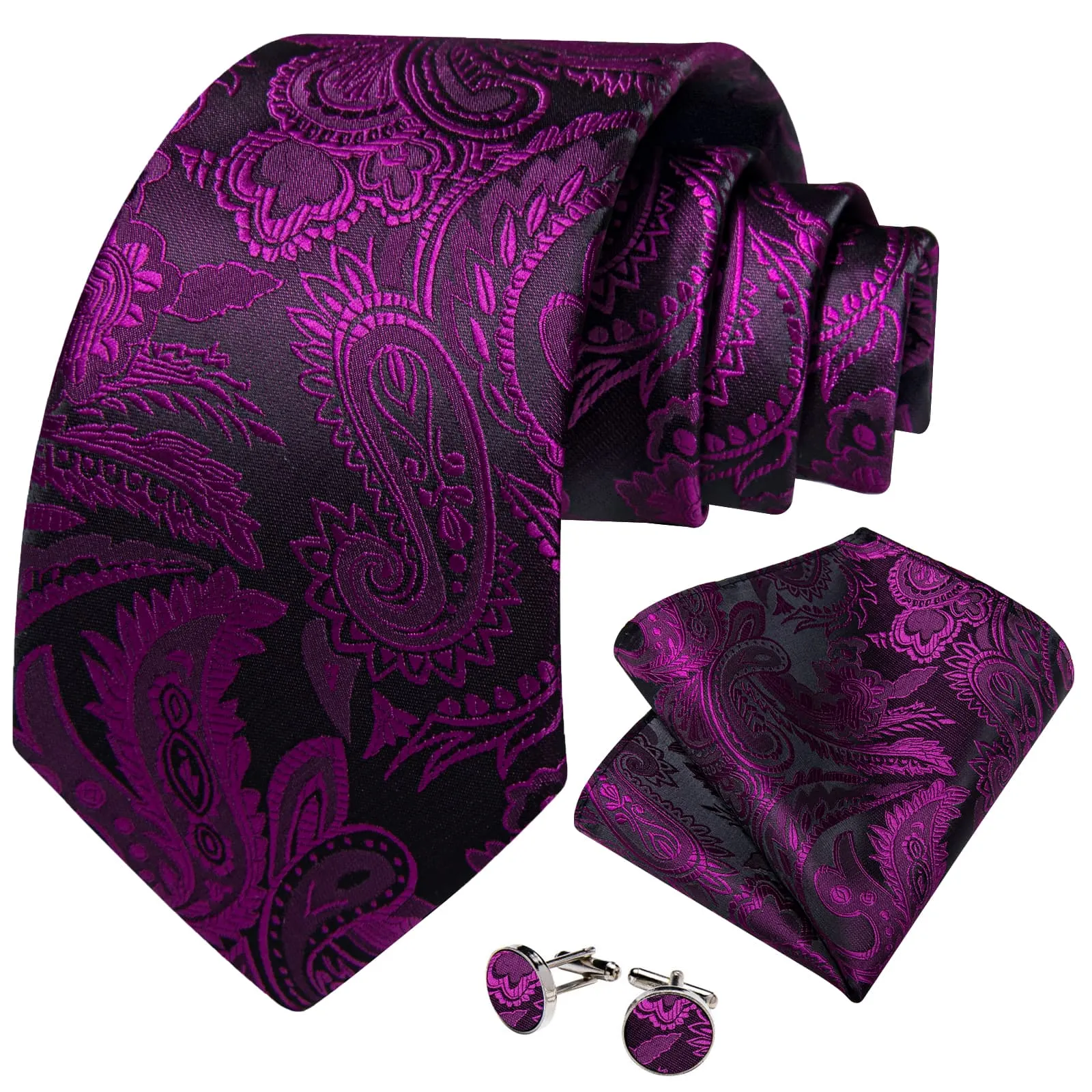 DiBanGu Dress Tie Violet Purple Floral Men's Silk Tie Handkerchief Cufflinks Set