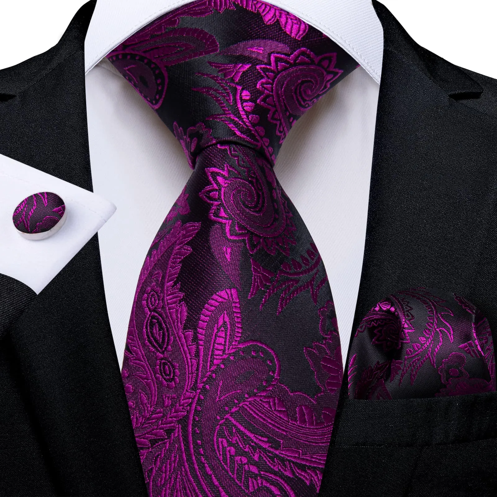 DiBanGu Dress Tie Violet Purple Floral Men's Silk Tie Handkerchief Cufflinks Set