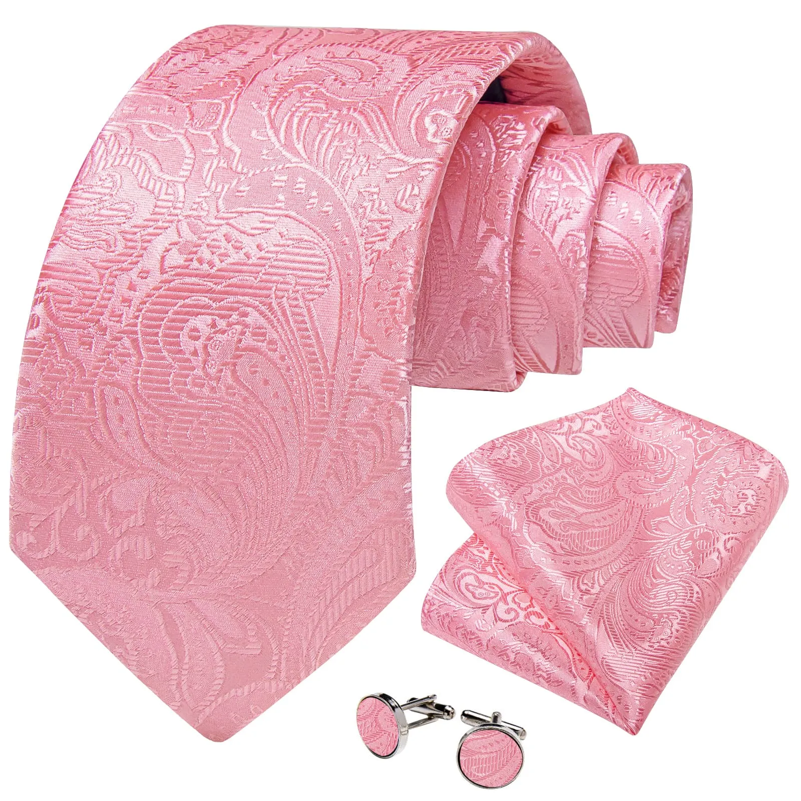 DiBanGu Light Thulian Pink Paisley Silk Mens Tie Pocket Square Cufflinks Set