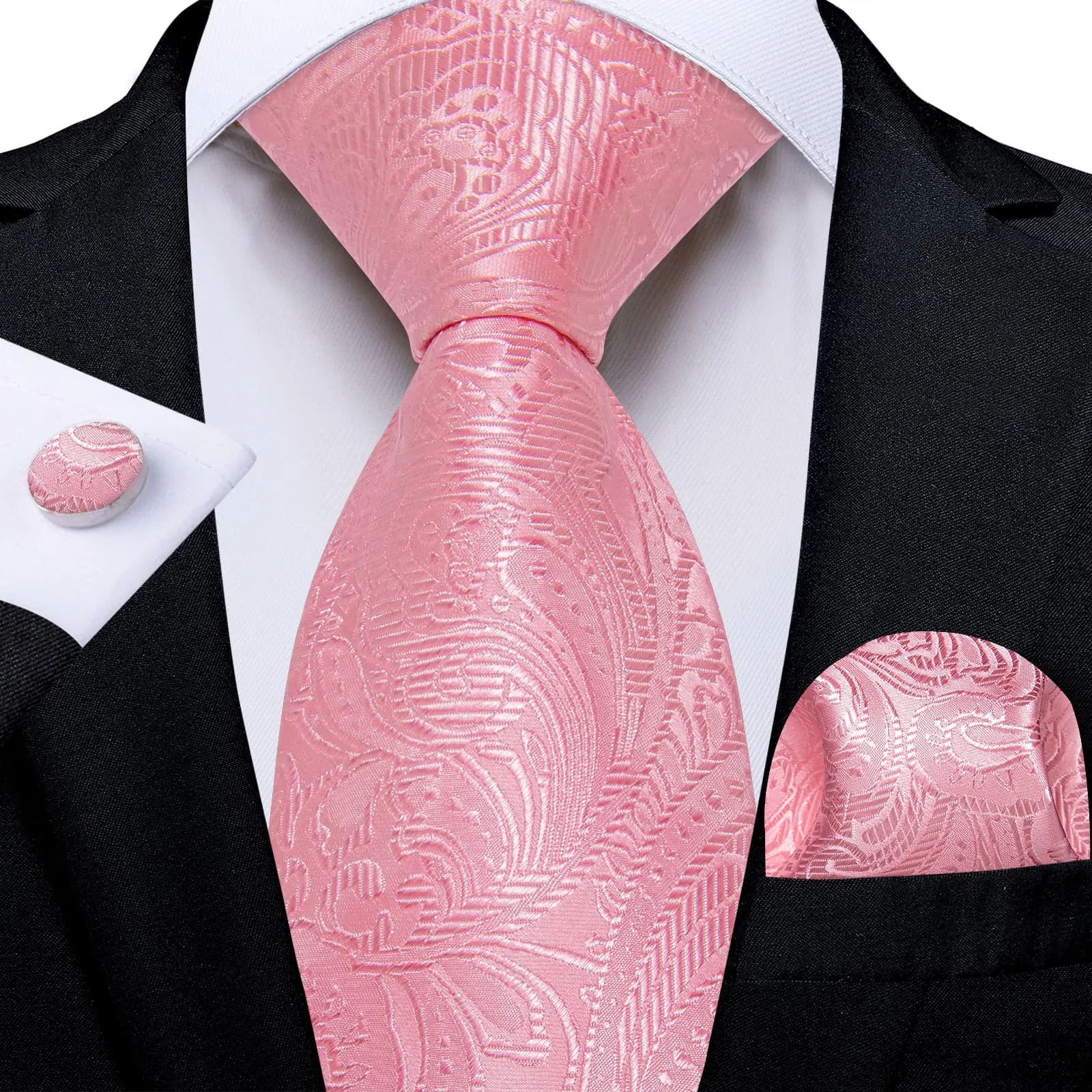 DiBanGu Light Thulian Pink Paisley Silk Mens Tie Pocket Square Cufflinks Set