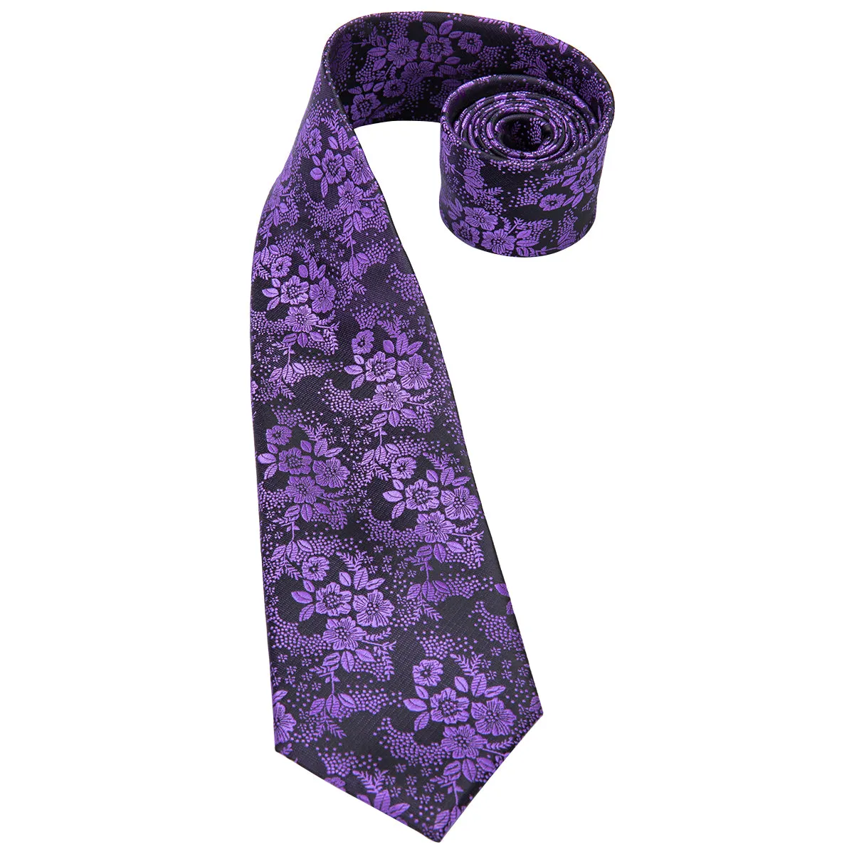 DiBanGu Silk Tie Purple Floral Men's Tie Pocket Square Cufflinks Set