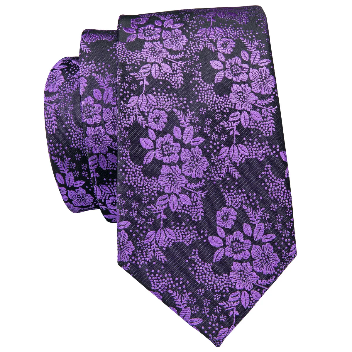 DiBanGu Silk Tie Purple Floral Men's Tie Pocket Square Cufflinks Set