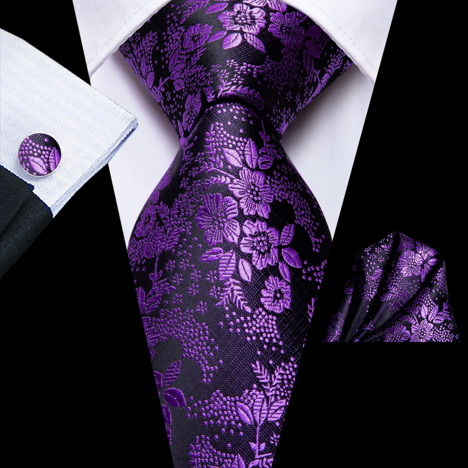 DiBanGu Silk Tie Purple Floral Men's Tie Pocket Square Cufflinks Set