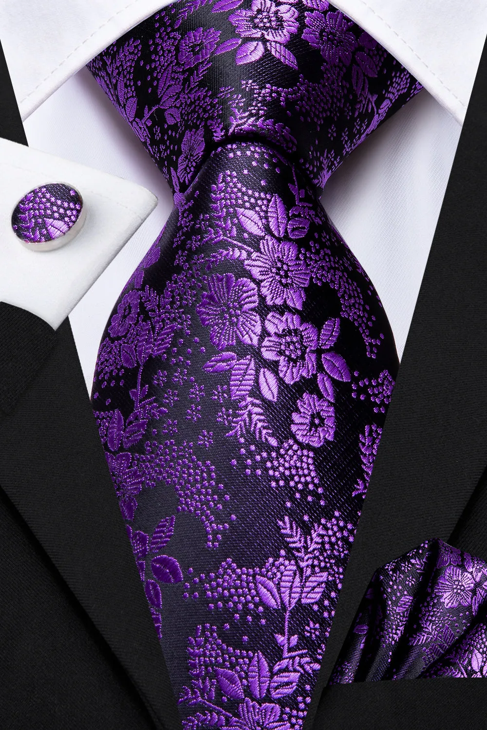 DiBanGu Silk Tie Purple Floral Men's Tie Pocket Square Cufflinks Set